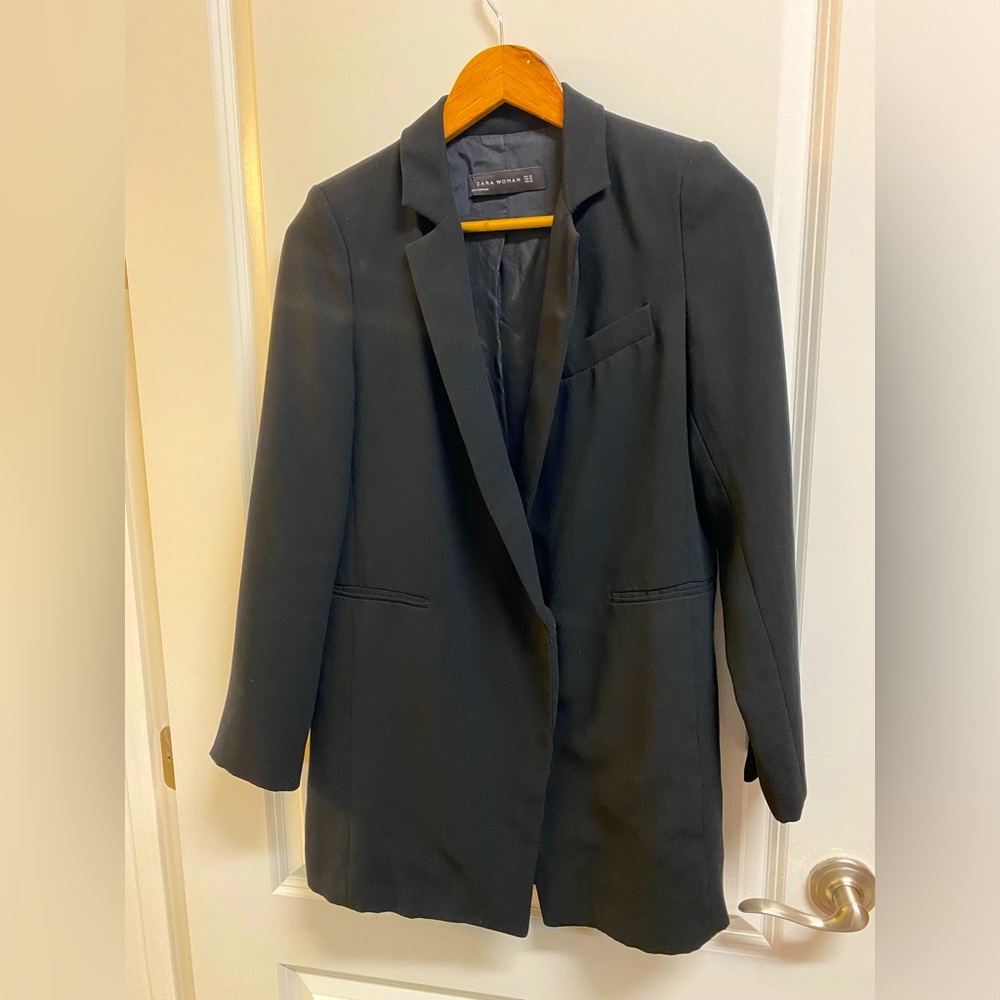 Zara Women Black Blazer Hidden Front Button Closure Sz XS